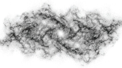 Swirling dark and white abstract fractal patterns resembling a stylized galaxy or cosmic cloud formation on a transparent background, ideal for science fiction projects