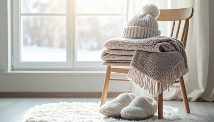 ナチュラルなニットのマフラー、ブランケットと手袋