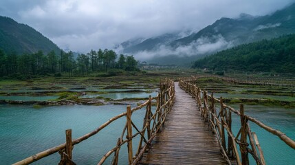Misty Mountain Valley Wooden Bridge over Turquoise Terraces. AI generative