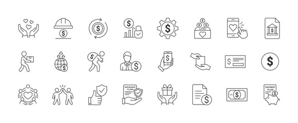 Financial Services & Charity Support Icon Set, Donation Giving Symbols, Money Management, Mobile Banking, Insurance Protection, Rewards, Community Support and Savings Concept icon, vector illustration
