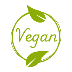Vegan Plant Based Green Round Circle Badge Sticker Stamp Info Label Sign Icon for Product and Package with Leaf Symbol. Vector Image.
