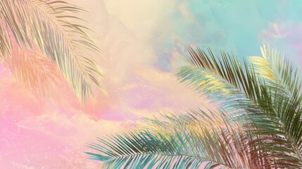 Pastel tropical palm leaves against soft sky background. AI generative
