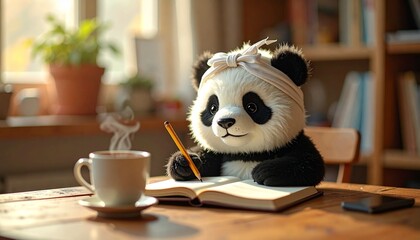 勉強中のパンダ、頭にハチマキ、コーヒー