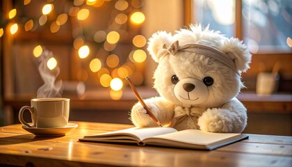 ノートを開き、気合を入れて勉強しているかわいいクマのぬいぐるみ