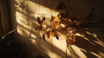 Dried ivy leaves on rustic wall in warm sunset light. AI generative