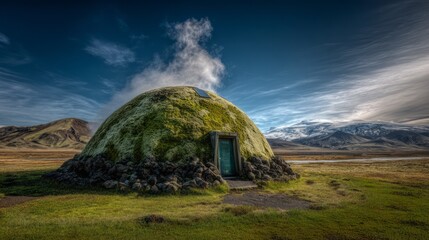 Moss Covered Dome House in Remote Mountain Landscape. AI generative