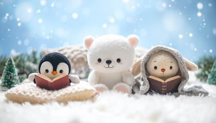 冬の読書を楽しむかわいいぬいぐるみたち、うさぎとくま、ペンギン