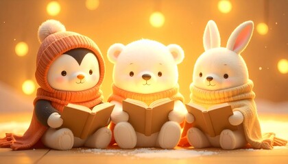 夜の読書を楽しむかわいいぬいぐるみたち、うさぎとくま、ペンギン