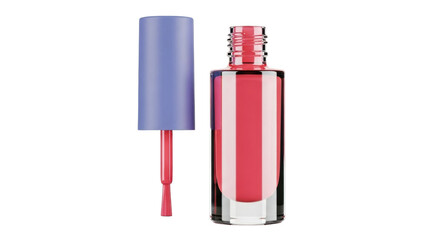 Isolated red nail polish bottle with blue cap and brush, cosmetic beauty product item