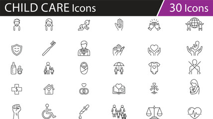 Family care, health support, childcare icons, medical service, parenting, wellness, social protection, insurance, baby care, motherhood, safety, love, community, vector set for public service design