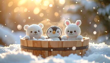 温泉を楽しむぬいぐるみたち、シロクマ・ペンギン・うさぎ