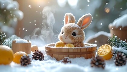 柚子湯につかるウサギのぬいぐるみ