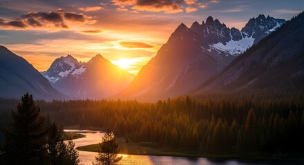 Majestic mountain valley landscape bathed in the brilliant golden light of a dramatic sunset over a winding river