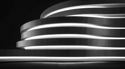 Modern building facade with glowing curved light bands at night. AI generative