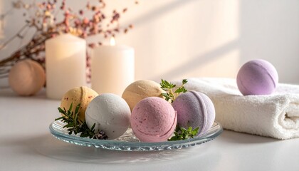 かわいいバスボム、タオルとキャンドル