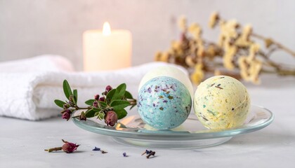 かわいいバスボム、タオルとキャンドル