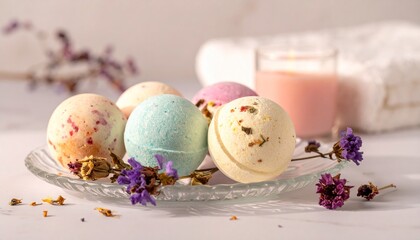 かわいいバスボム、タオルとキャンドル