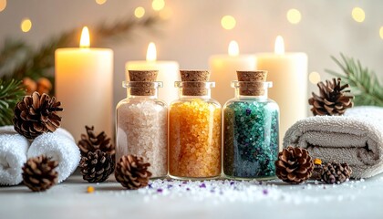 カラフルなアロマバスソルトとキャンドルの灯り