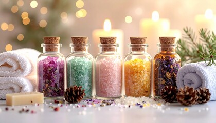 カラフルなアロマバスソルトとキャンドルの灯り