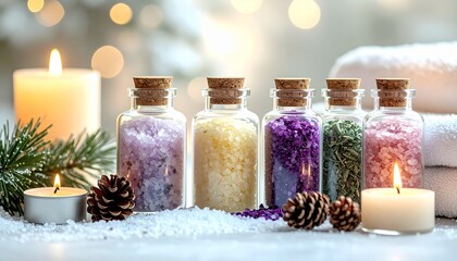 カラフルなアロマバスソルトとキャンドルの灯り