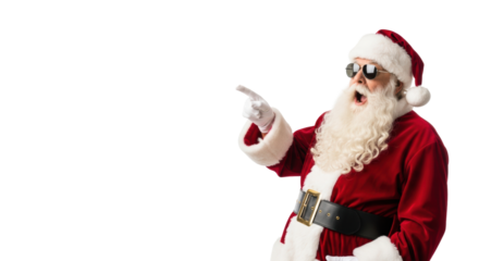 elderly santa claus in red velvet suit and aviator sunglasses dramatically pointing with a wide open shocked mouth, transparent studio background concept for christmas sales promotion