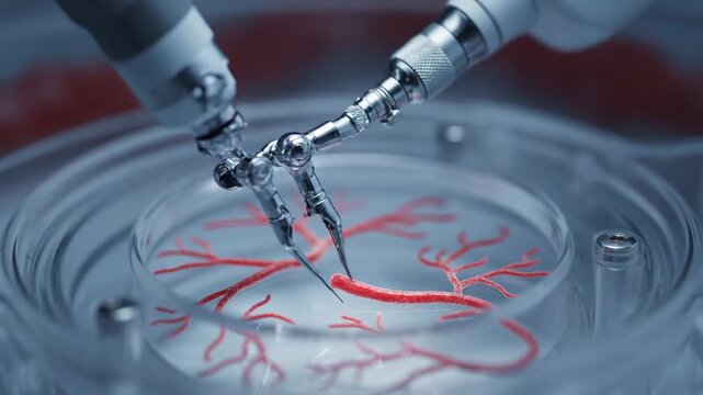 Robotic arms performing microsurgery on blood vessels, medicine technology concept.