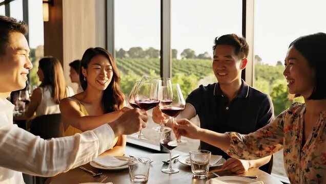 Four Asian friends toasting with red wine at a dinner table with vineyard view during sunset