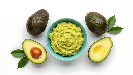 Vibrant bowl of freshly prepared guacamole, surrounded by ripe, whole, and halved avocados with fresh green leaves on a pristine white background, perfect for healthy eating
