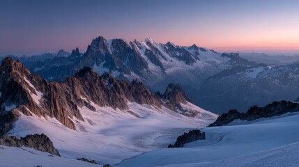 Snowy mountain range at pastel sunrise over glacier valley. AI generative