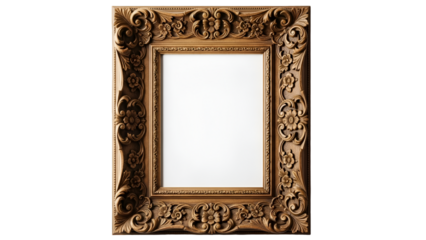 Ornate golden baroque frame with empty center isolated on transparent background