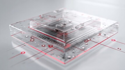 Transparent glass microchip on futuristic circuit board. AI generative