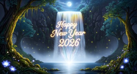 Enchanting mystical forest scene with glowing waterfall welcomes the happy new year 2026 celebration under the moon