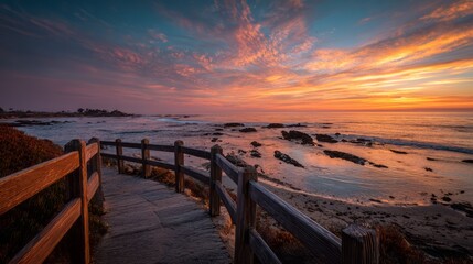 Wooden boardwalk overlooking rocky ocean coastline at vibrant sunset. AI generative