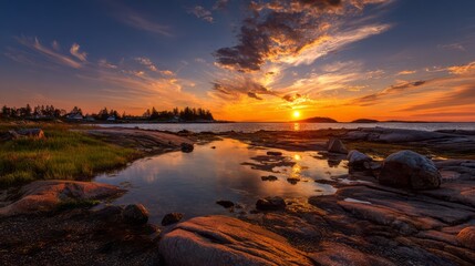 Rocky coastal sunset seascape with dramatic sky and glowing reflections. AI generative