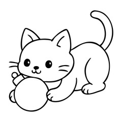 Dibujo sencillo con líneas de gatito jugando con una bola de navidad para tarjetas y felicitaciones de Navidad