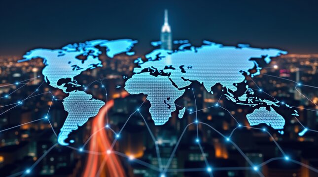 Digital world map overlayed on a cityscape at night with glowing connections - Powered by Adobe