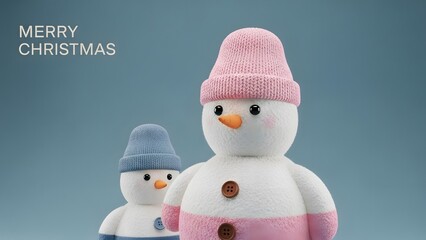 Two cute snowmen wearing knitted winter hats, one pink and one blue, against a soft blue background, wishing merry christmas