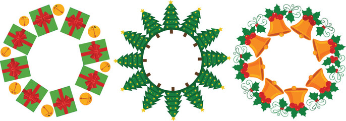 Christmas wreath collection with gift boxes, decorated trees, and bells, festive circular holiday frame vector set