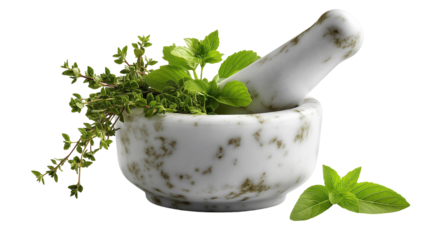 Fresh aromatic herbs including thyme and mint rest inside a white marble mortar and pestle against