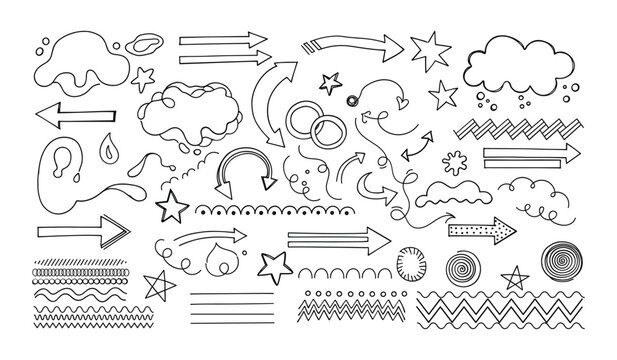 Assorted Hand Drawn Doodle Elements Including Arrows Clouds Stars and Swirls Keywords: doodle, hand drawn, sketch, arrow, cloud, star, swirl, line, abstract, graphic, design element, isolated