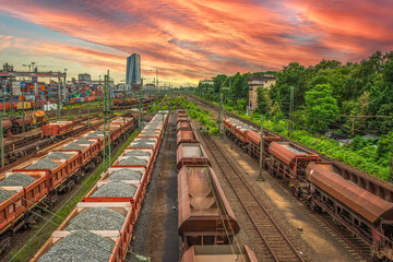 Frankfurt City Rail Yard and Eurobank at Dramatic Sunset, Vivid Orange Sky with Copy Space