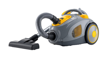 Fototapeta premium Modern gray and yellow canister vacuum cleaner with hose and floor nozzle