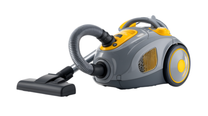Modern gray and yellow canister vacuum cleaner with hose and floor nozzle