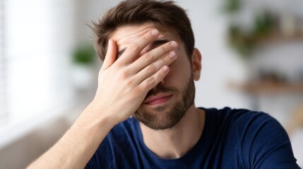 Fototapeta premium Disagree gesture man experiencing stress, headache, and frustration, covering face with hand in a gesture of disappointment or fatigue