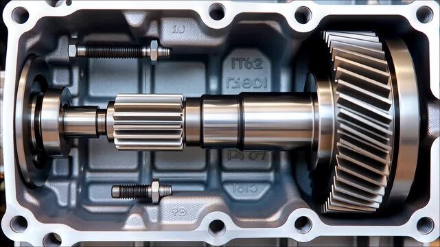 Cross section view of a metal gearbox showing a precision helical gear and shaft assembly