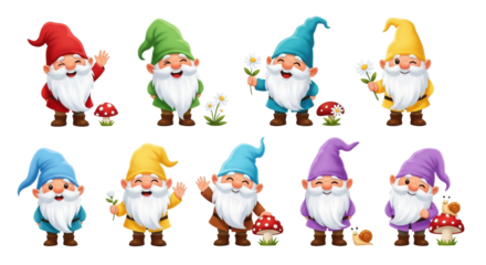 Ten charming cartoon garden gnomes with rosy noses, colorful hats, and white beards, isolated on a bright transparent background in a professional vector character sheet layout. Concept of cheerful