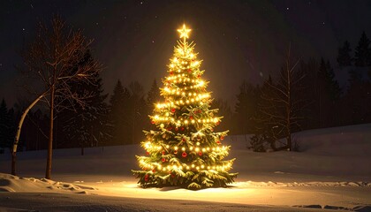 Brightly lit Christmas tree stands in snowy landscape at night with stars above, showcasing holiday spirit and winter scenery