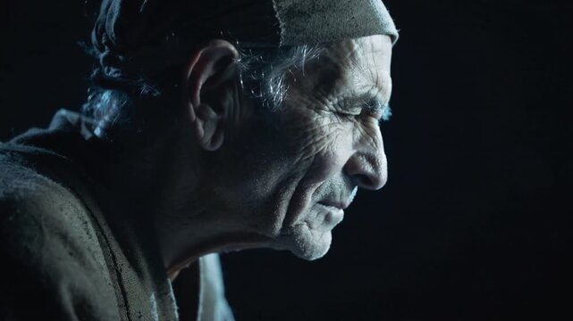 An ancient villager&rsquo;s profile in cold rim light, eyes closed in tense stillness as an ominous, rhythmic pulse grows from silence, suggesting a powerful unseen presence approaching.
