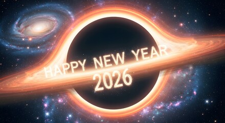 Happy new year 2026 greeting glowing brightly across the accretion disk of a massive black hole in deep space