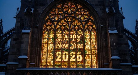 Illuminated gothic stained glass window displays a warm happy new year 2026 greeting during a snowy evening